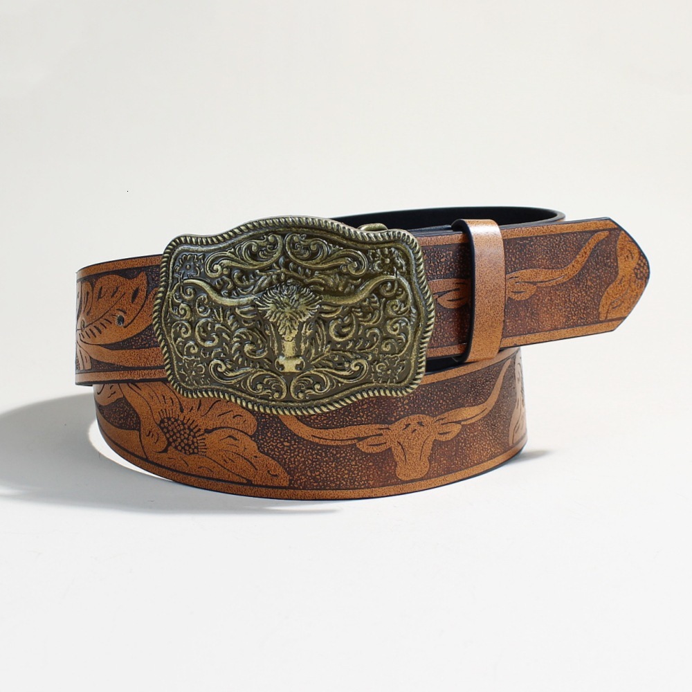 Vintage Style PU Leather Western Cowboy Belt Classic Letter Buckle 3.8 cm Wide, Durable and Stylish with Retro Floral Emb 26Y1019