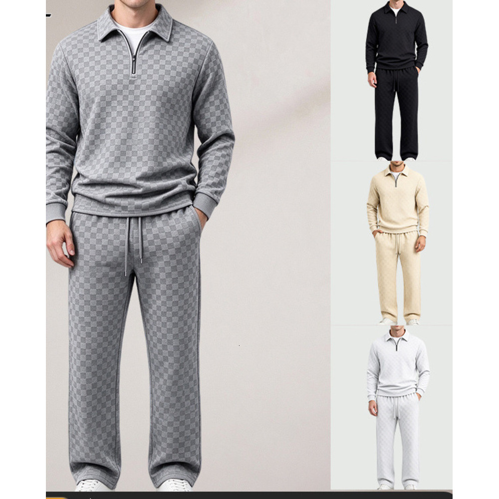 Men Heavyweight Plaid Jacquard Two Piece Outfit 2026 New Loose Fit Casual Suit Soft Breathable Daily Commuting Set For Everyday Wear