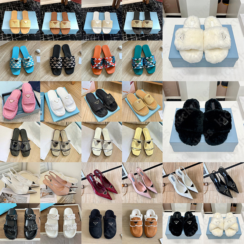 Hot Sale Designer Slippers Sandals Women Fashion White Black Pink Khaki lady fur Slides Summer Flat Mule Platform Flatform heel warm women luxury Da