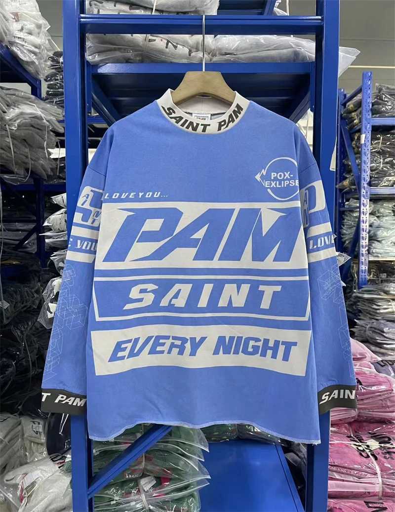 Autumn Winter SAINT Vintage Blue Hip Hop High Street Style Long Sleeved Racing Suit T-shirt Loose Casual Cotton Washed Tops Men T261019