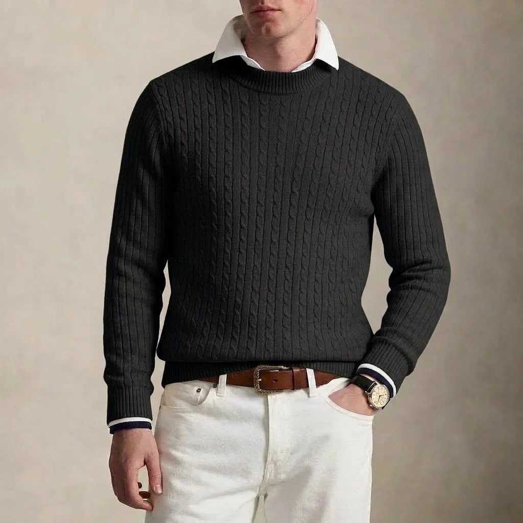 Long Slve Knit Jumper Mens Round Neck Cable Pullover Winter Tailored Fit Casual Sweaters Thermal Plain Tone Cozy Knit Apparel M261016