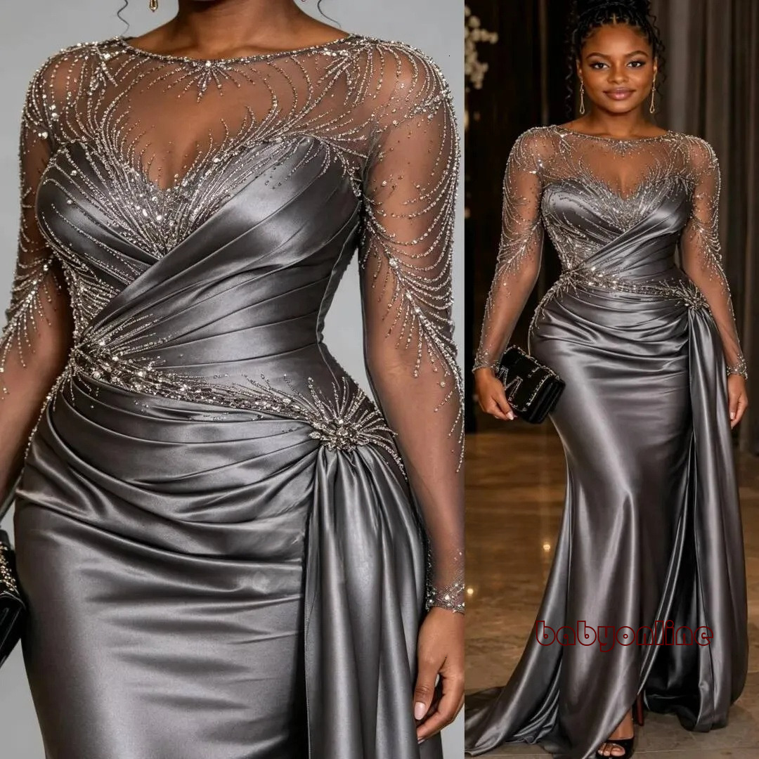Grey Mermaid Evening Dresses Beaded Crystals Sheer Neck Satin Prom Formal Party Second Birthday Engagement Gowns Plus Size Dress For Special Occasio