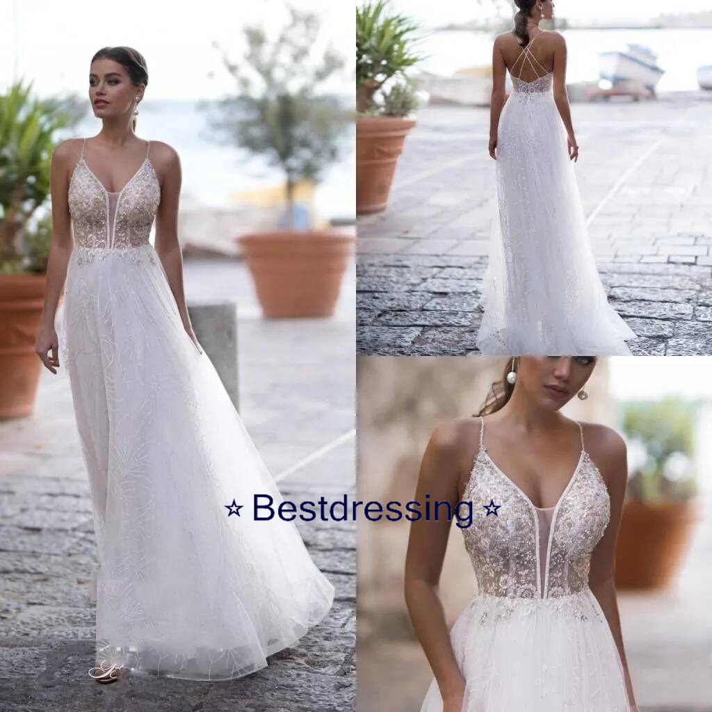Naviblue Beach Wedding Dresses Spaghetti V Neck Lace Appliqued Beading Abiti Da Sposa Sweep Train Bohemian A Line Bridal Gowns Bd019