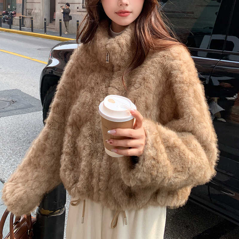 Maillard Elegant Zipper Fur Jacket Women Autumn Winter Stand Collar Plush Outerwear Loose Warm Jacket S261016WAUZ
