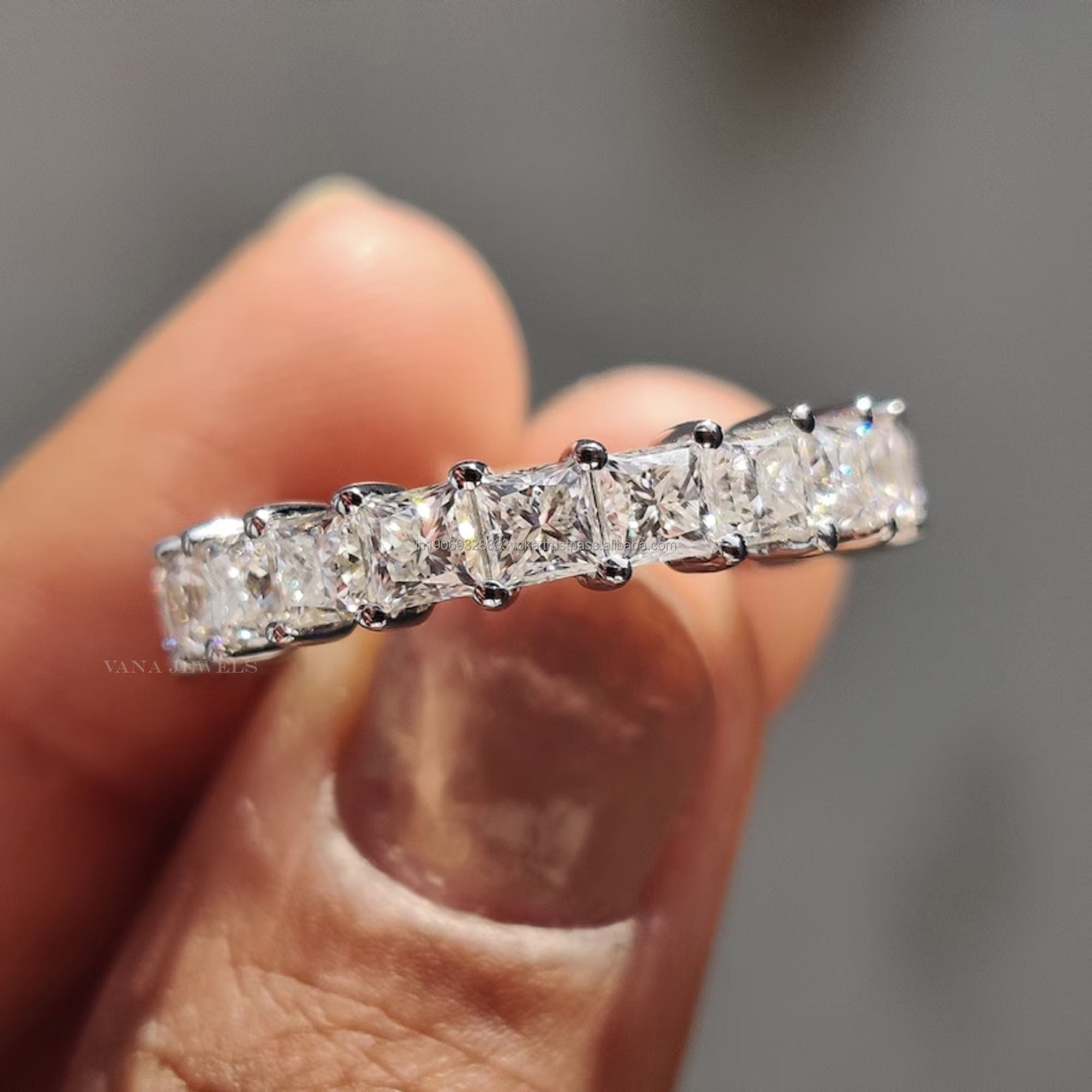 3.00 MM Princess Cut Moissanite Wedding Band 14K White Gold Full Eternity Band Shared Prong Ring