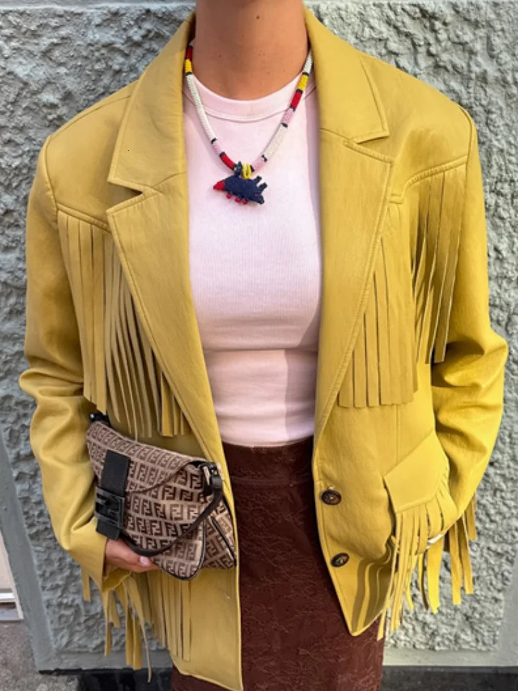 Fashion Faux Leather Fringe Womens Jacket Lapel Long Sleeves Single Breasted Coat Chic 2026 Spring Autumn Street Outerwear 261019