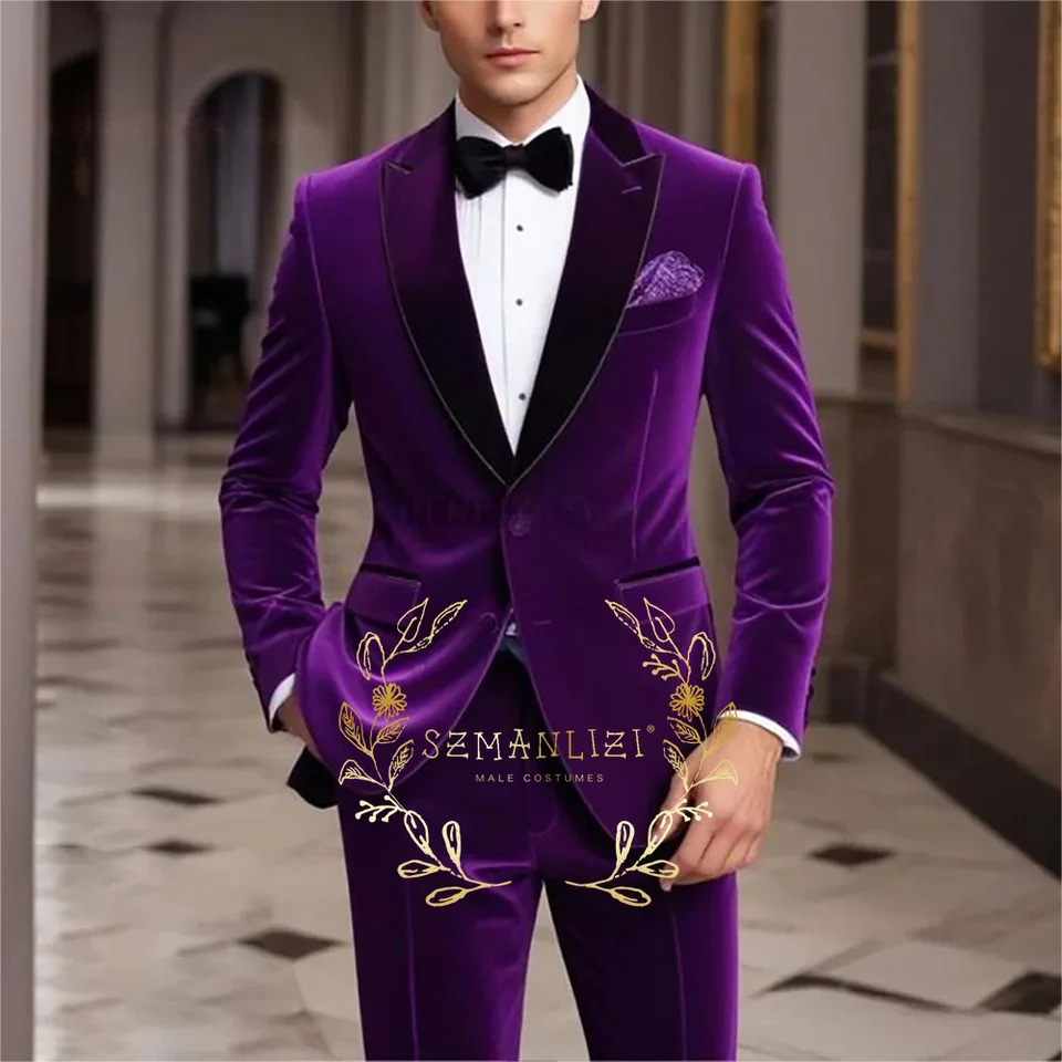 2 Pcs Suits Set Purple Velvet Single Breasted Blazers Pants Fashion Men Wedding Party Slim Dress Formal Groom Tuxedos 261019