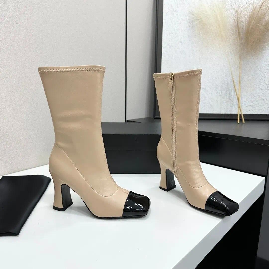 Genuine Leather Zip Square Toe Ankle Boots Luxury designer women stretch fabric chunky heel short boots Fashion ladies fall winter boots Leather sol