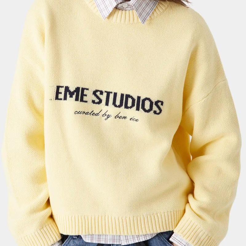 Oversized Vintage Letter Embroidered Knit Pullover Sweater Long Sleeve Round Neck Casual Streetwear Top for Men Women Yellow