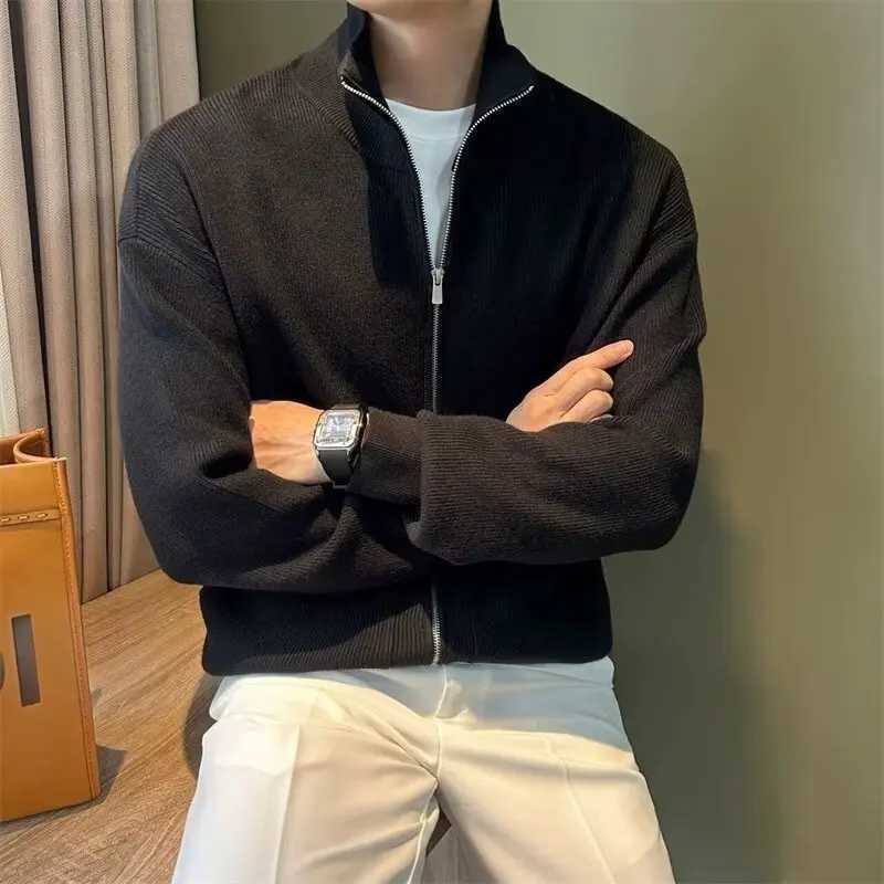 Color Men's Versatile Zip-Up Solid Cardigan Slim Fit Stand Collar Sweater Knitwear for Autumn and Winter M261016