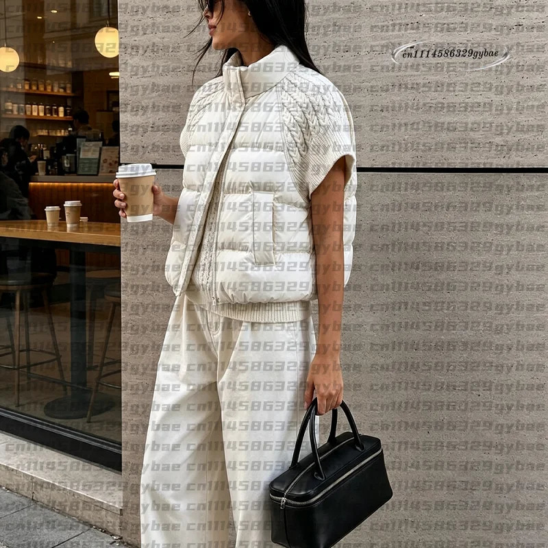Women Knitted Splicing Padded Vest Stand Collar Sleeveless Zip Cropped Loose Layering Outerwear 2026 Ladies Warm Winter Jacket 261019