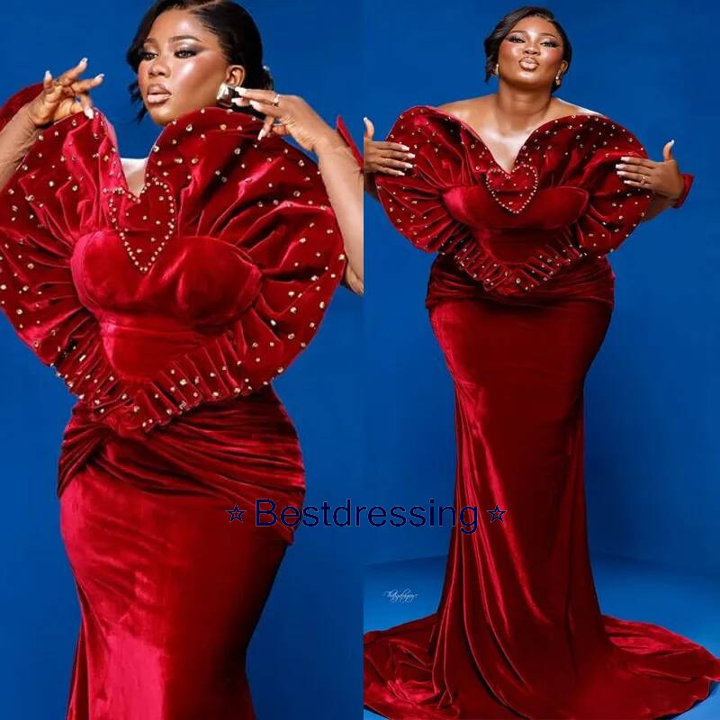 Plus Size Red Velvet Mermaid Prom 2026 Evening Dresses Illusion Heart Crystals Party Dress Sequined Lace Formal For Black Women Birthday Gowns Am263