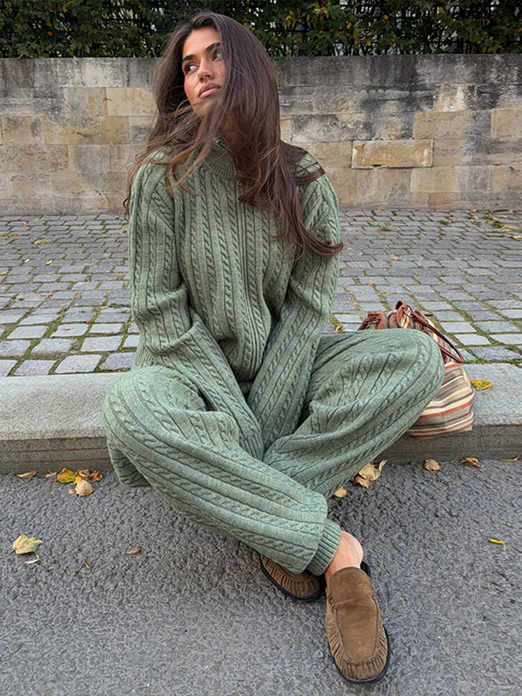 Women Solid Turtleneck Cable Knit Sweater Wide Pants 2 Piece Set Long Sleeve Half Zip Pullover 2026 Casual Loungewear Suit Mdng261019
