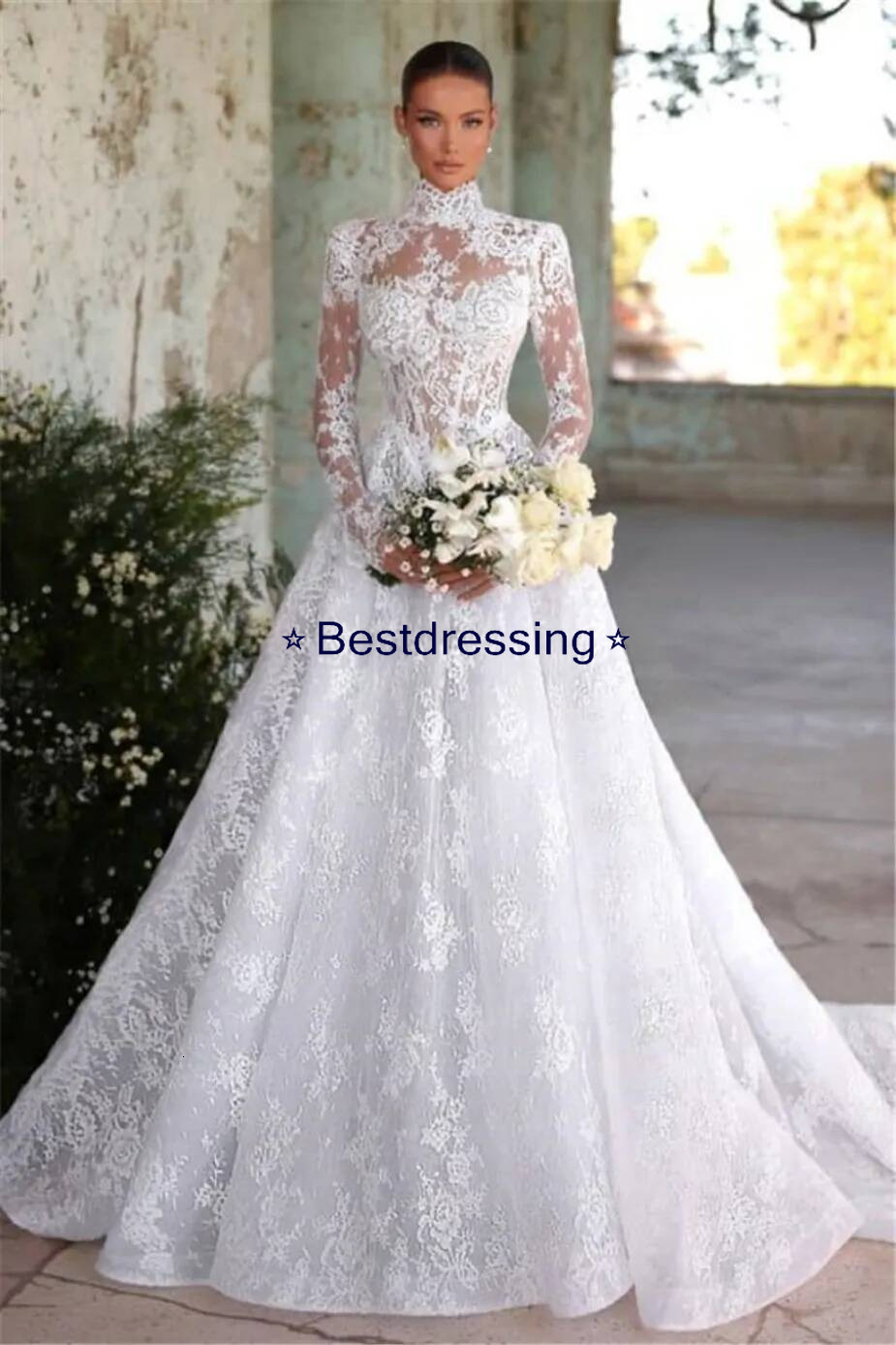 Modest Arabic Dubai High Collar Wedding Dresses A Line Sheer Long Lace Sleeves Appliques Tulle Floor Length Bridal Gowns Custom Made Robes De Mariag