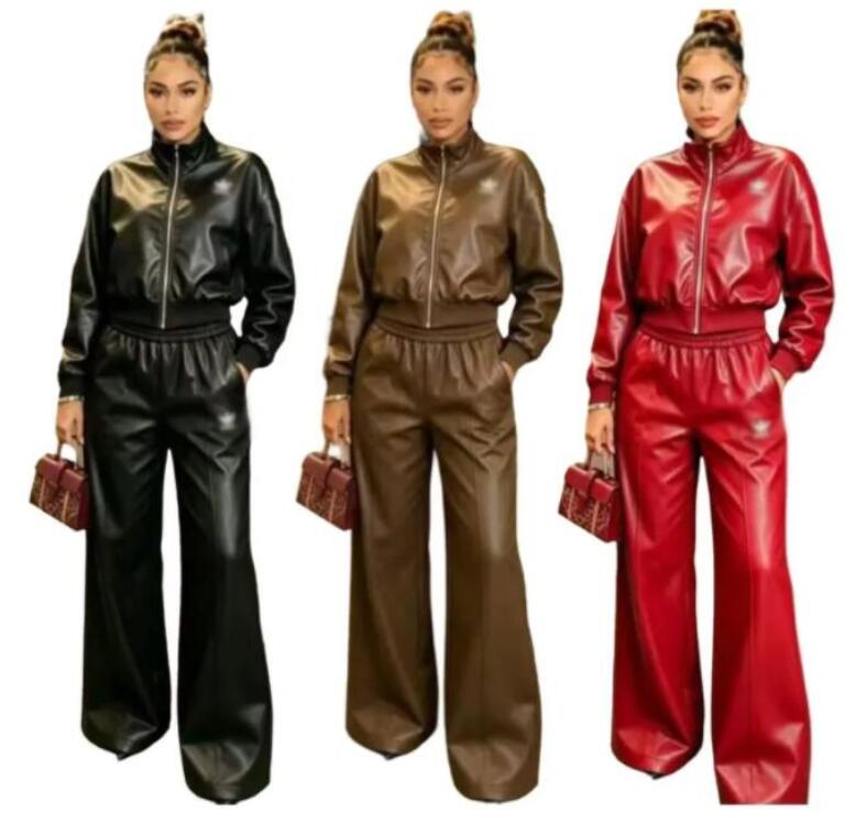 Designer leather Tracksuit luxury women's casual Track suits stand collar zipper short jacket high waist wide leg two-piece set motorcycle spor