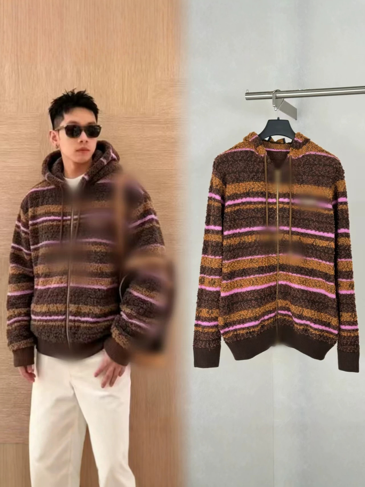 Top-quality, stylish 26-piece designer luxury striped knit cardigan with hood zipper, a popular item among celebrities, available for both men and w