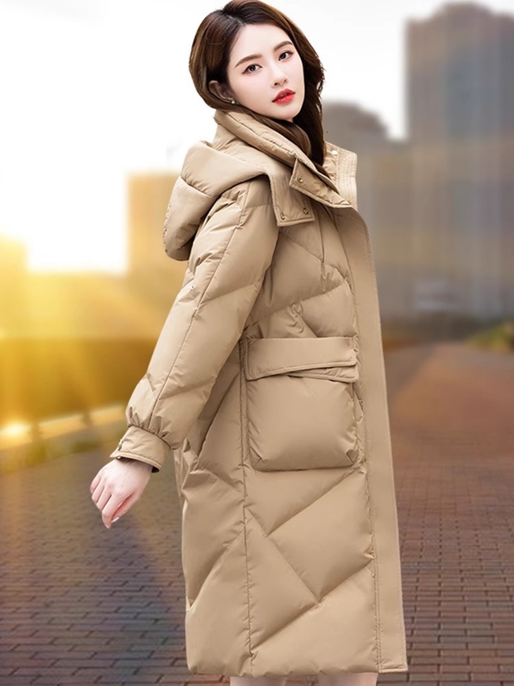 Women Mid Length White Duck Down Jacket 2026 Winter New Hooded Thick Warm Trendy Puffer Coat Fashion Windproof Outerwear For Ladies Daily Casual Wea