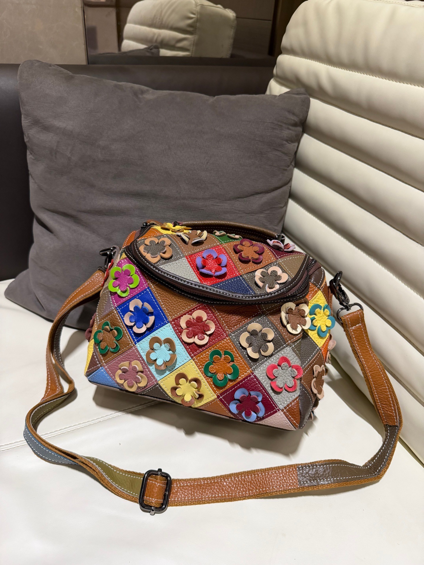 American Style Boston Pillow Bag Made Of Top Grain Cowhide With Colorful Patchwork Design Handmade Floral Embellishments And A Genuine Leather KABAH