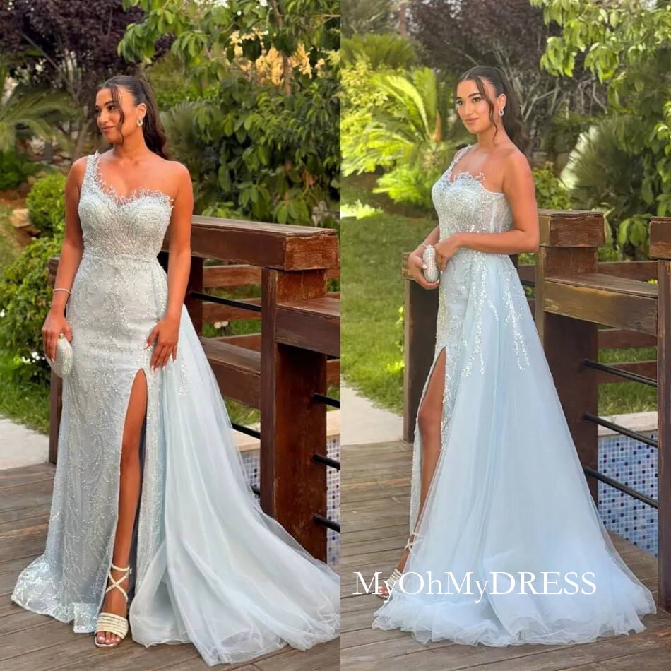One Shoulder Mermaid Evening Dresses Gorgeous Split Sweep Train Prom Dress Sequins Beading Party Gown Customized Y016