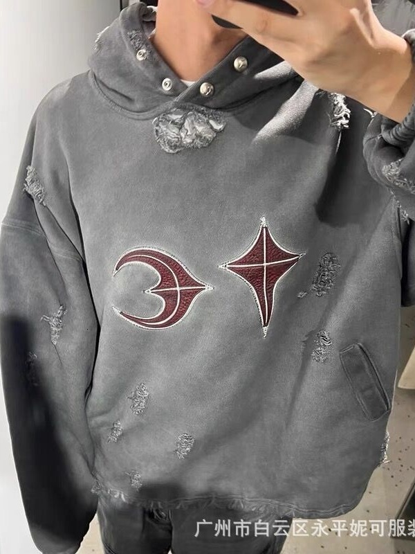 High-quality Thug Luxury goods Club C Star designer Moon embroidered leather patch, Parisian-style distressed hoodie, trendy and loose-fitting