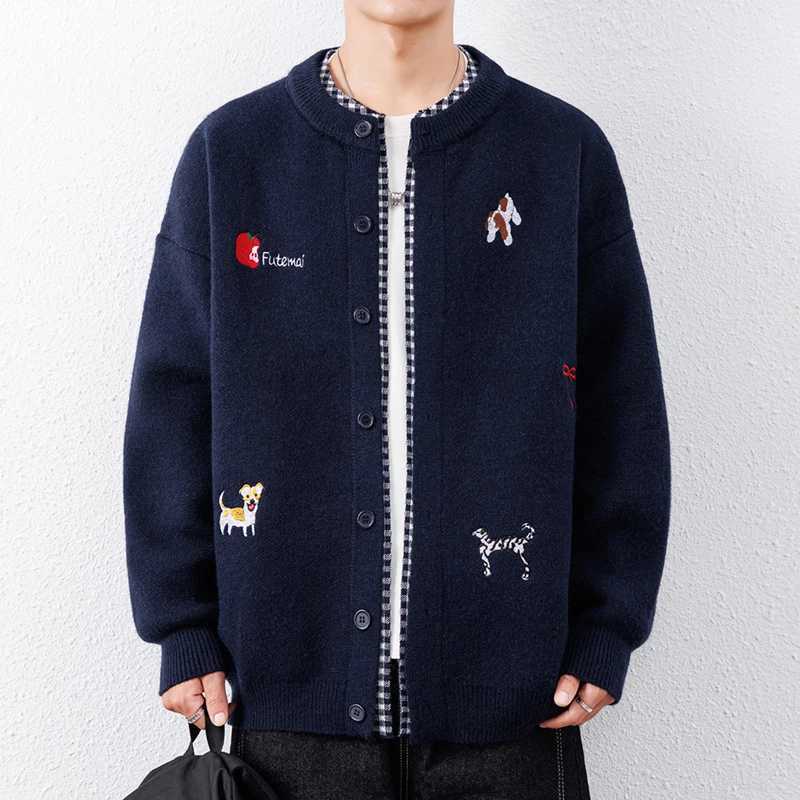 Cardigan Men's Knitted Fashion Comfort Brand Cute Embroidery Design Autumn Winter Korean Casual Round Neck Sweater Coat M261016