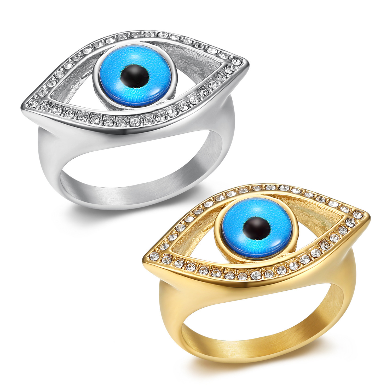 Trendy Foreign Trade Hot-Selling Stainless Steel Gold-Plated Diamond-Inlaid Blue Angel Eye Hip-Hop Men's Ring