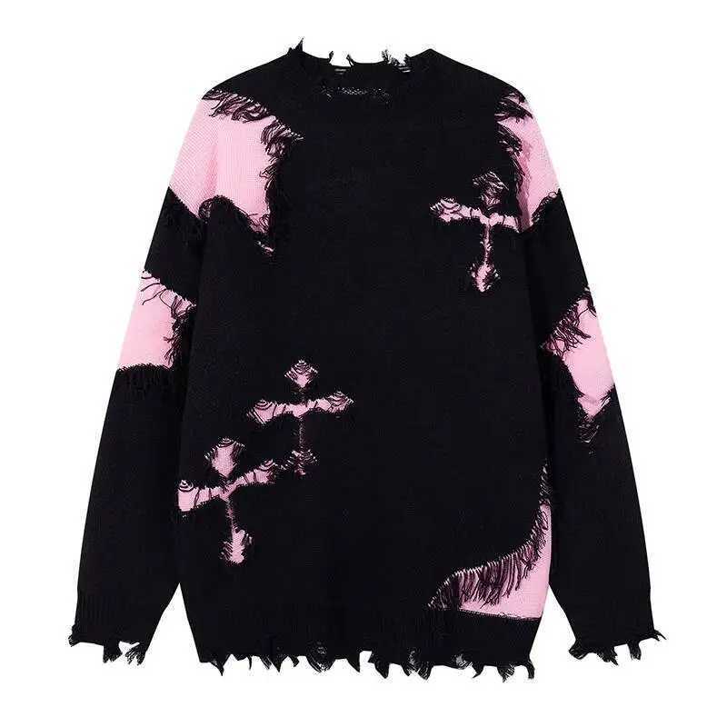 Sweater Gothic Punk Unisex Knitting Unique Versatile Loose Crew Neck Knit Pullover Distressed High Strt Sweater For Couples M261016