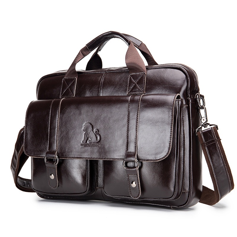 Genuine leather men's briefcase with double front pockets, large capacity computer bag, diagonal cross handbag
