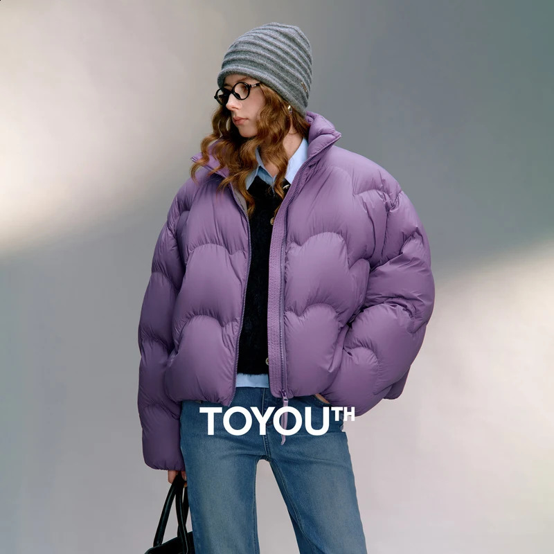 TOYOUTH Women 90% White Duck Down Jacket Winter Ultra Lightweight Wave Pattern Stand Up Collar Short Parkas Coat 261014