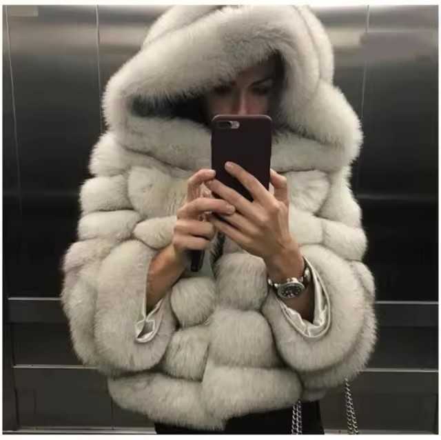 Fur Imitation Grass Jacket Women's Hooded Loose Long Patchwork Plush Thick Coat Winter New S261016FBOP