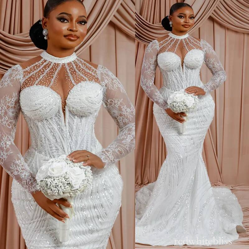 Plus Size Off White Dress Bridal Bride Mermaid High Neck Illusion Pleated Long Sleeves Beaded Lace Pearls Ruffles Wedding Gowns For Black Women D876