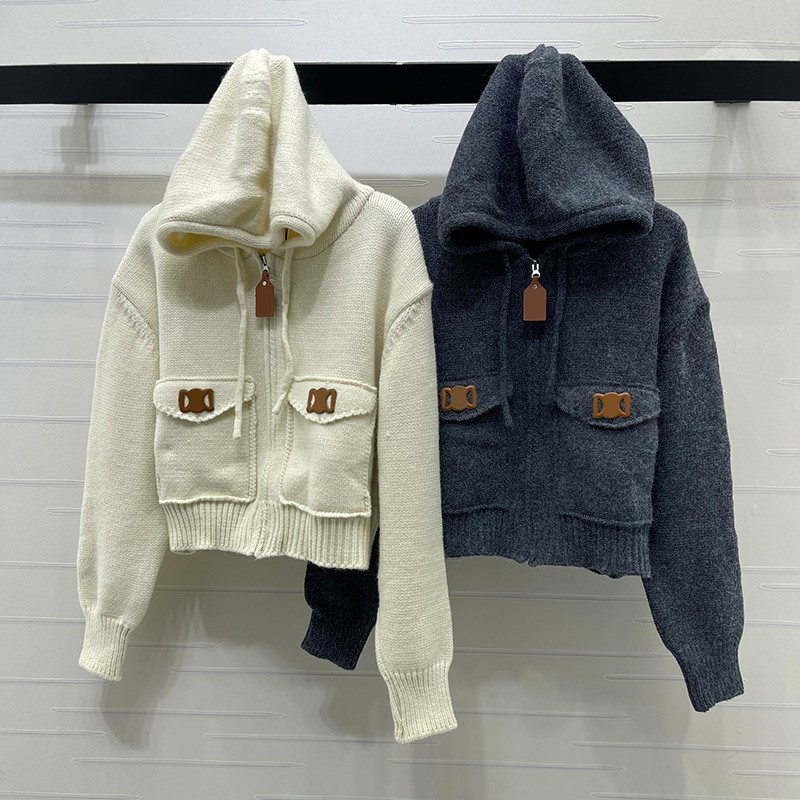 Cropped Hooded Knit Cardigan For Women Solid Color Simple Long Sleeve Knits Sweater Autumn Winter Ribbed Hem Cuffs Warm Casual Jumpers
