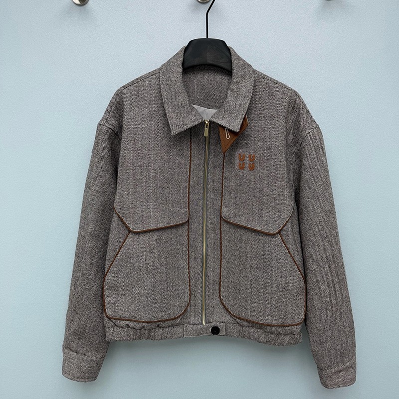 Herringbone Bomber Jacket Designer Women Lapel Neck Loose Fit Zipper Casual Coats Autumn Streetwear Y2K Style Overcoat