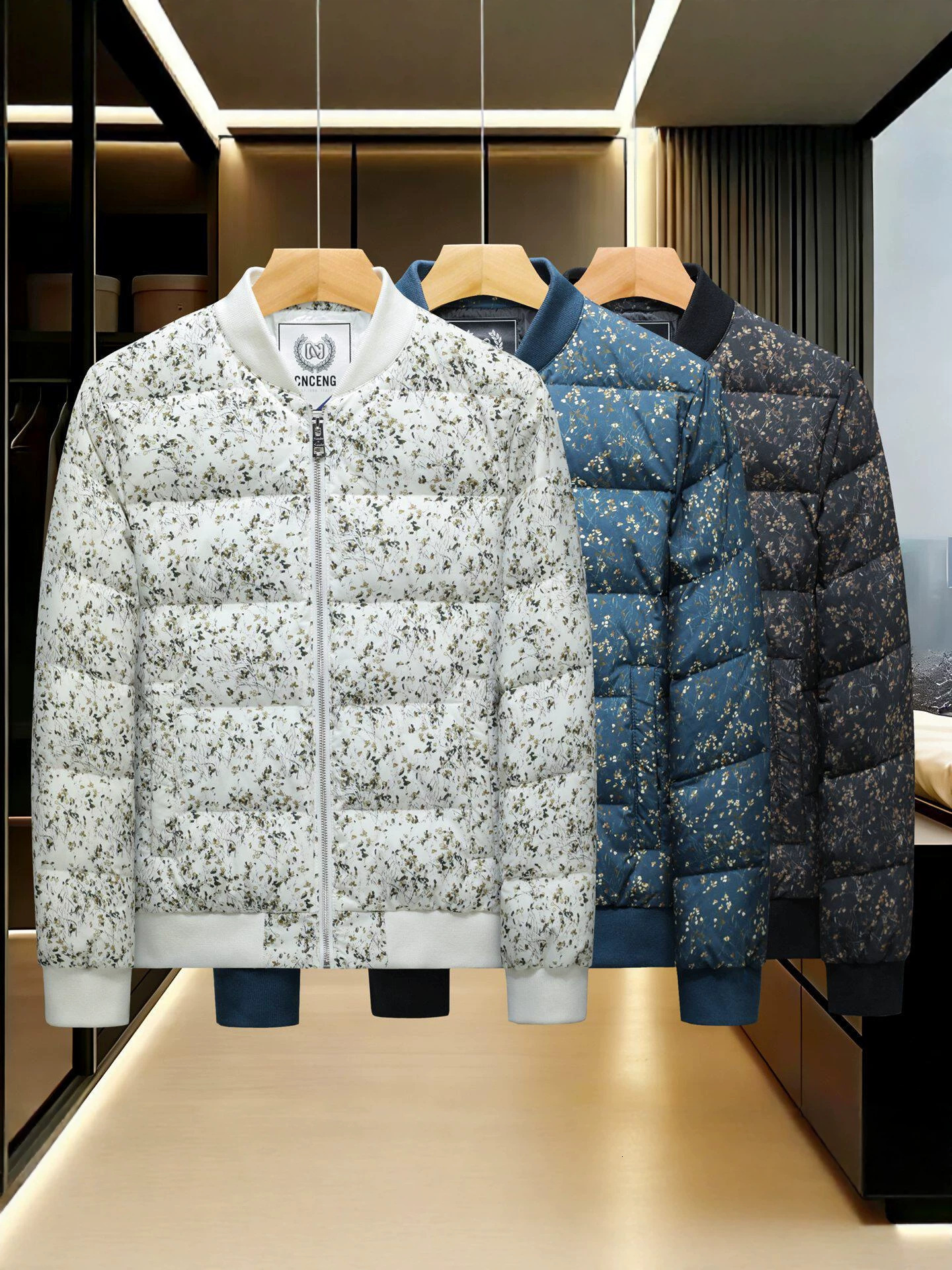 Men Stand Collar White Duck Down Jacket 2026 Winter New Stylish Printed Baseball Collar Thick Warm Cold Resistant Puffer Coat Windproof Outerwear Fo