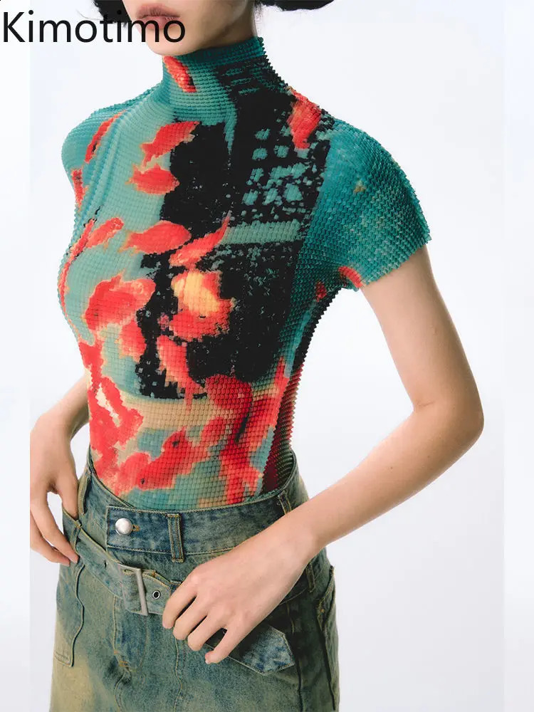 Kimotimo Harajuku Folds Goldfish Print T-shirt Women Summer Y2k Aesthetic Turtleneck Slim Crop Top Short Sleeve Ropa De Mujer 261015