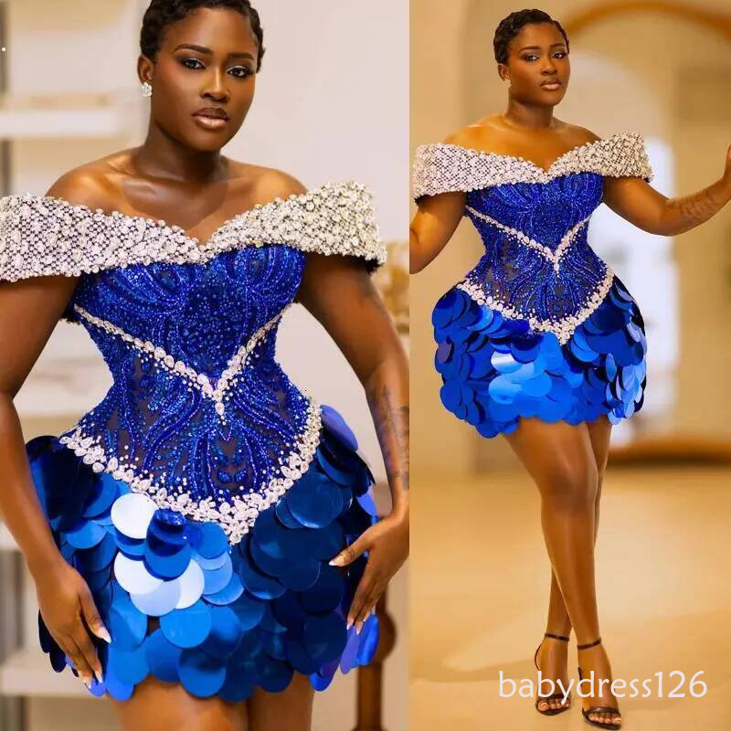 Plus Size Royal Blue Cocktail For Women Short Prom Dresses Illusion Off Shoulder Homecoming Crystal Pearls Pleated Beaded Lace Birthday Dress C560