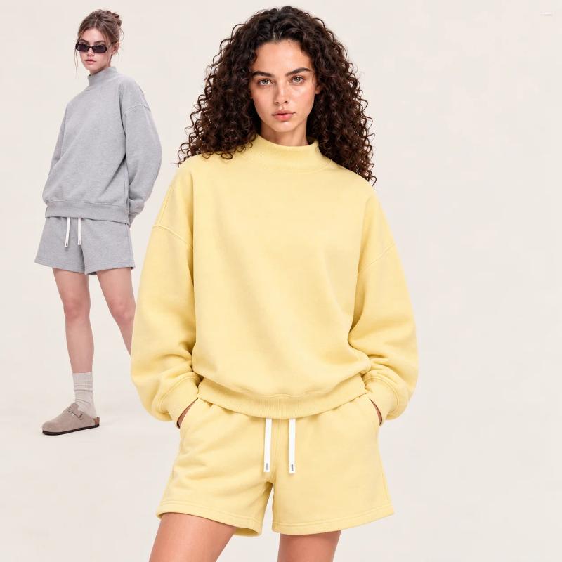 Oversized Fleece Sweatshirts Women Two Piece Set Mock Neck Pullover Casual Shorts Suits Winter Warm Tracksuits Aesthetic