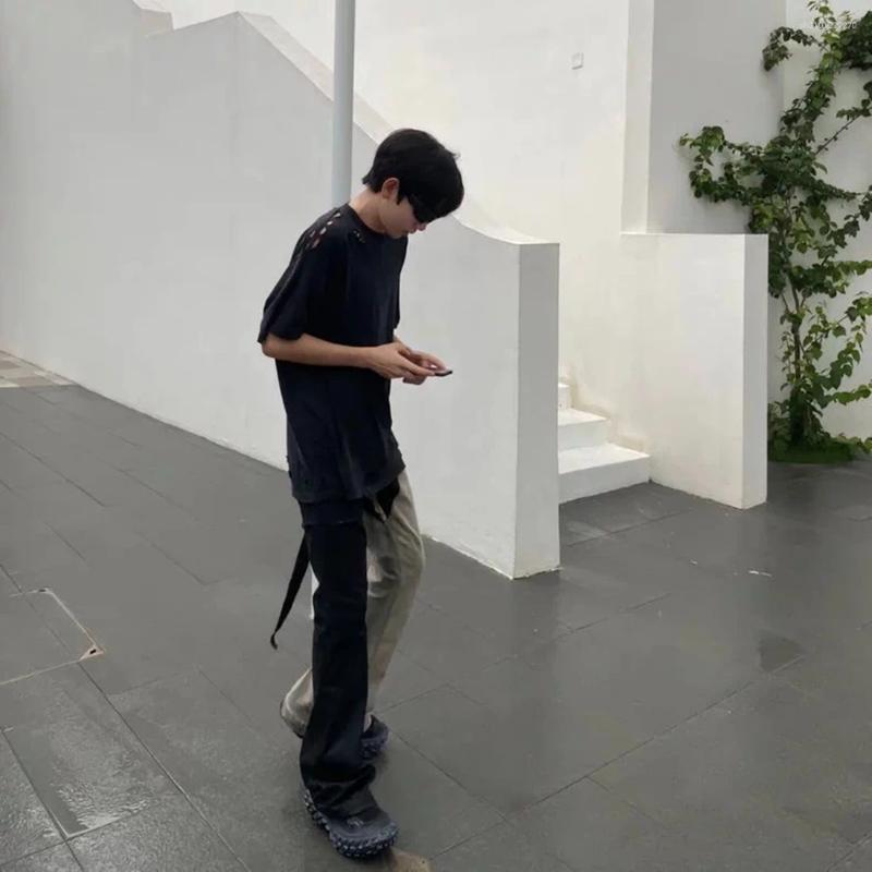 Men's Patchwork Design Flared Pants Wide Leg Jeans Sweatpants Casual Cool Boy Bottoms High Waist Male Baggy Trousers