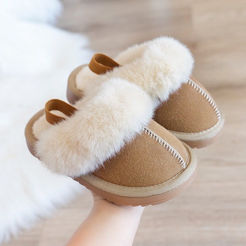 Luxury Brand Children Fur Slippers Boot Retro Round Head Cotton Baby Girl Boy Winter Plush Warm Home Shoes Non-slip Kids Slipper J261019