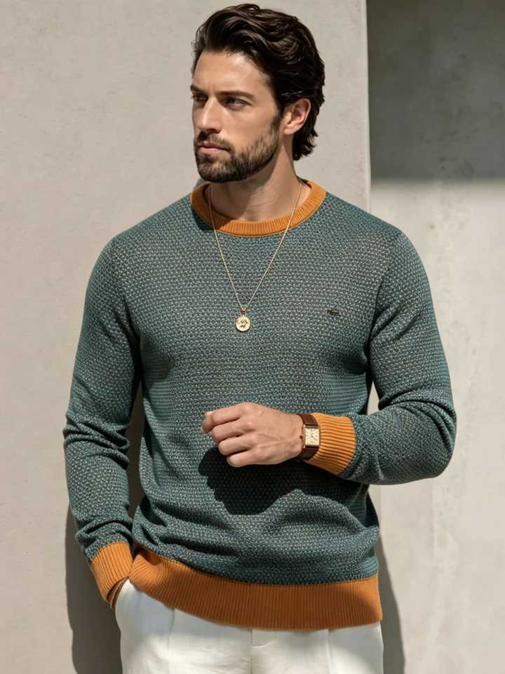Crew Neck Jacquard Knit Men's Sweater Contrast Color Collar Cuff Hem Long Slve Pullover Autumn Winter Business Casual Slim Fit M261016