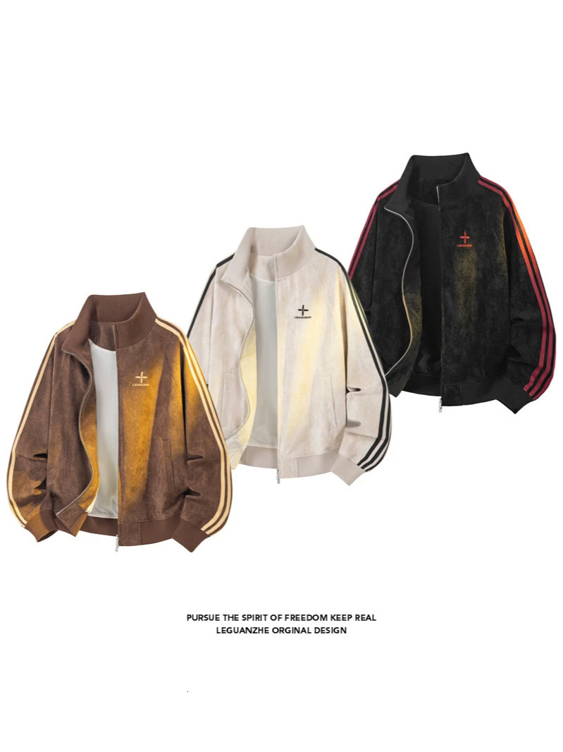 Maillard three-stripe designer luxury woven baseball jacket, autumn men's outerwear, trendy and versatile, relaxed fit, leather jacket