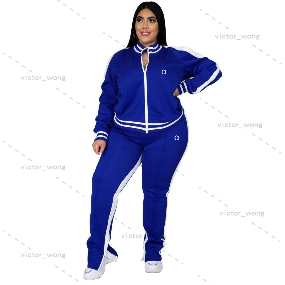PP019 Designer Women Plus Size Striped Trim Zip Up Jacket Side Stripe Flared Pants Two Piece Tracksuit Set