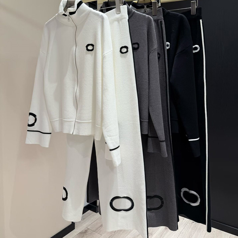 Lazy Style Knit Cardigan Pants Women Letter Zip Sweater Jackets Elastic Waist Wide Leg Pants Autumn Casual Daily Suit for Women