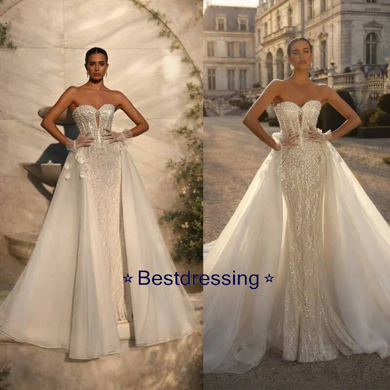 Gorgeous Sweetheart Mermaid Wedding Dresses Sleeveless Lace Pearls Bridal Gowns Detachable Train Appliques Robe De Mariee Bd019