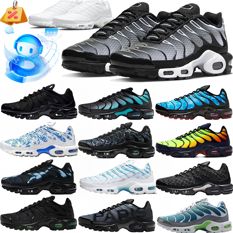 Designer Plus size Running shoes Men tn White Cushion Sneakers Wave Texture Retro Breathable Mesh Lining Casual Street Footwear Lightweight Commute