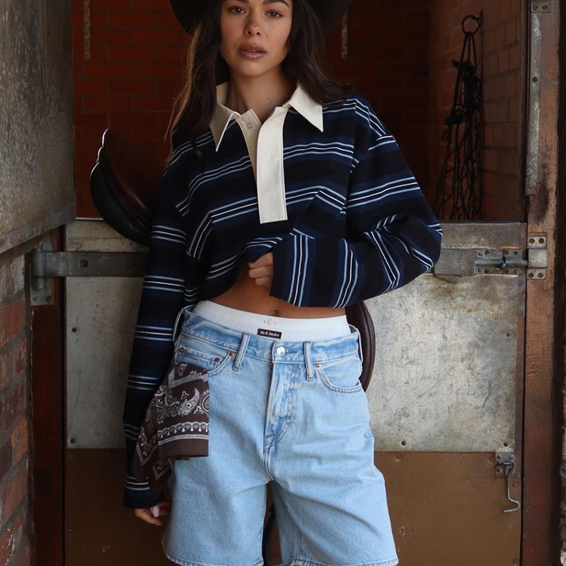 Designer Striped Polo Neck Long Sleeve Top Loose Casual Elegant Commuting Womens Blouse Daily Shirt