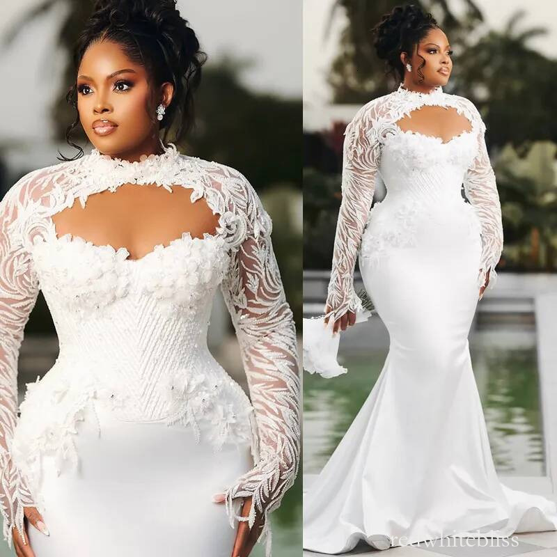 Plus Size Ivory Dress Bridal Bride Illusion Sheer Neck Bead Pearls Rhinestones Appliqued Lace Ruffles Wedding Gowns For Marriage D817