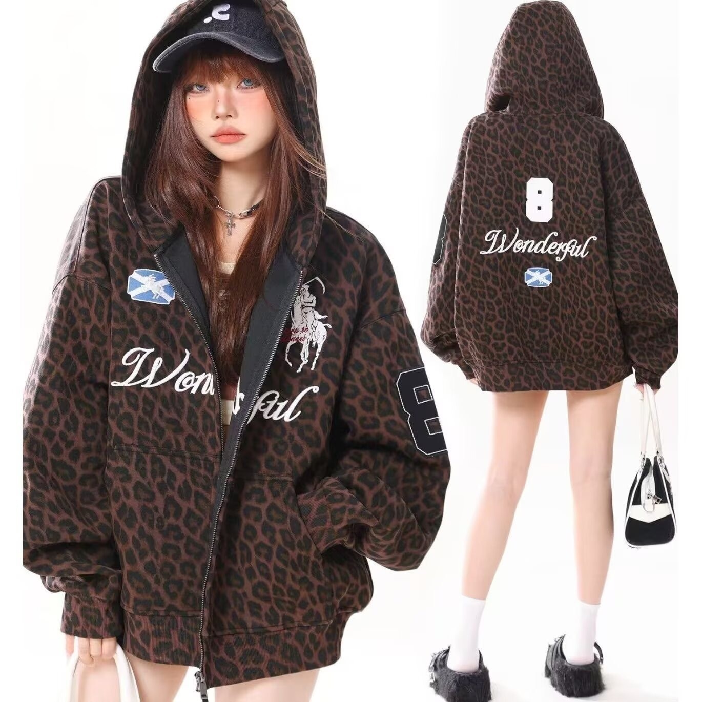 High-End Fashion Daily Luxury Clothing 2026 Spring/Autumn American Retro Leopard Print Patchwork Embroidered Hoodie, Unisex Casual Loose-Fit Cardiga