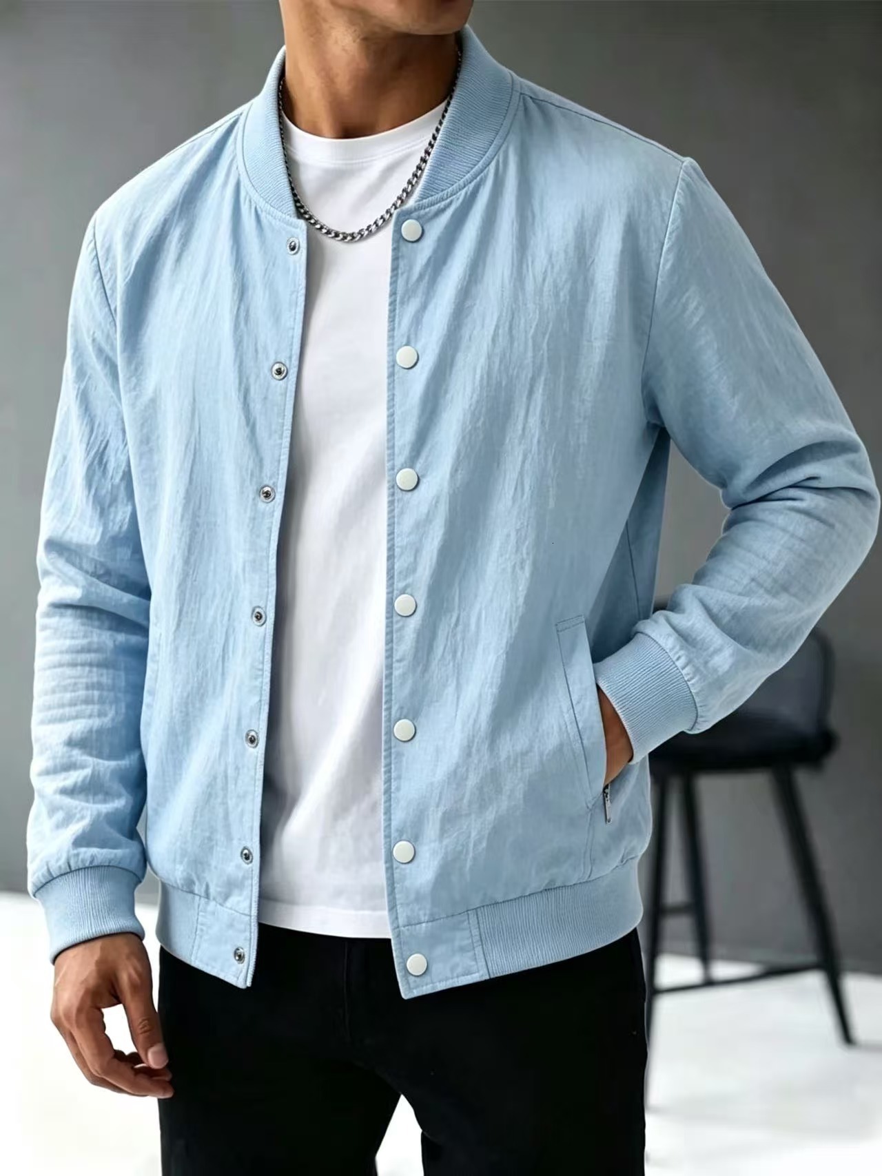 Lightweight spring and autumn linen shirt, long-sleeved, stand-up collar, breathable, casual men's style, new -style shirt with