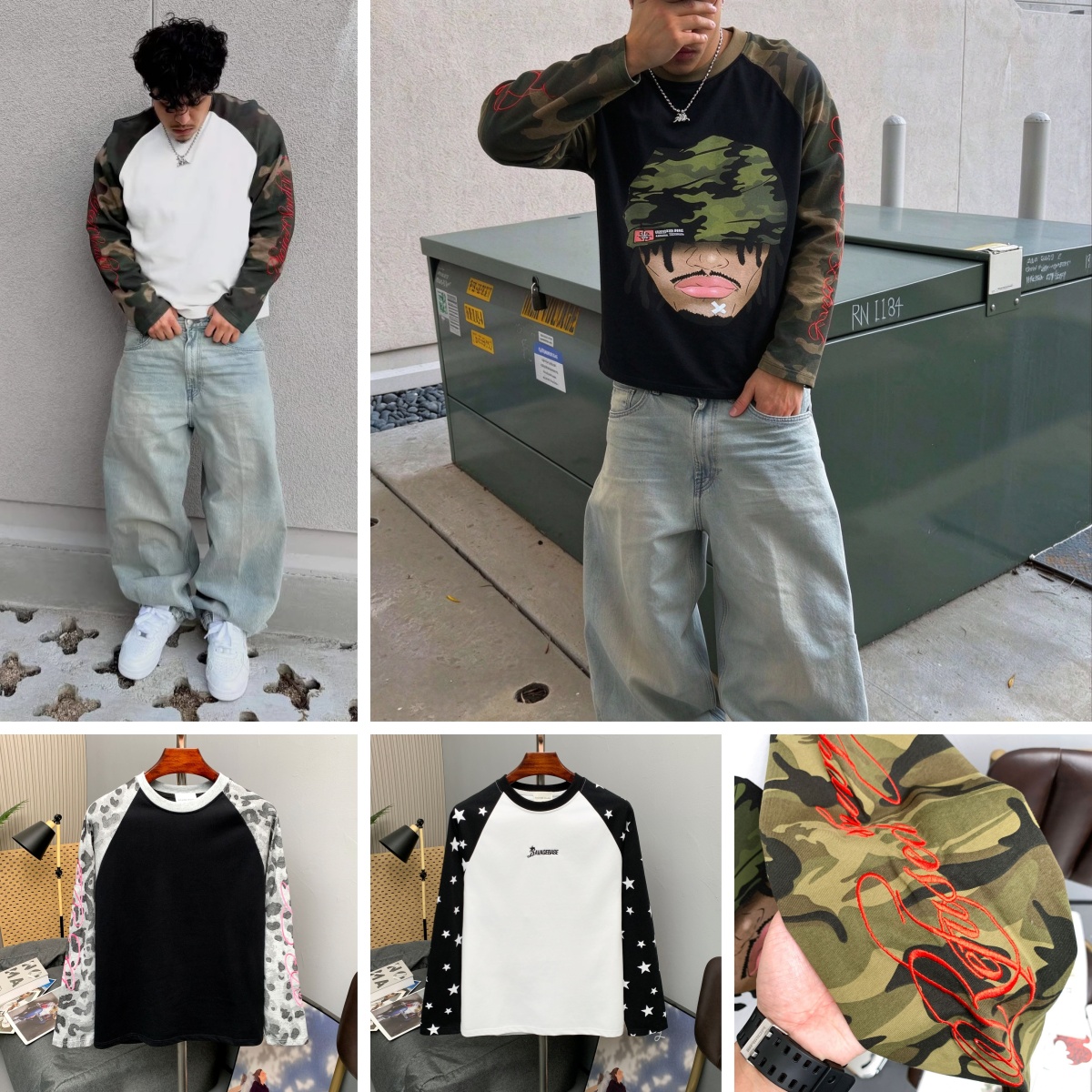Men's T Shirts Vintage Streetwear Loose Crew Neck Long Sleeve T-Shirt Waffle Knit camouflage Print Loose Casual Tee Men Autumn Spring Streetwea